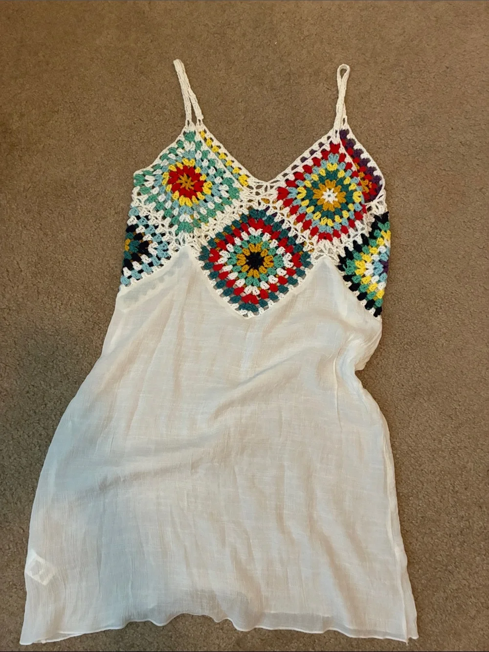 White Crochet-Accent Swim Coverup with Multicolor Crochet Panels